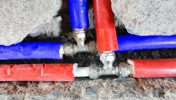 Which pipe is color-coded red and blue to indicate hot and cold water lines?
