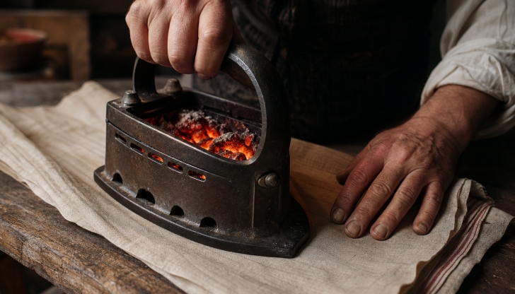 Before electric steam irons existed, what heavy object was filled with hot embers to iron clothes?