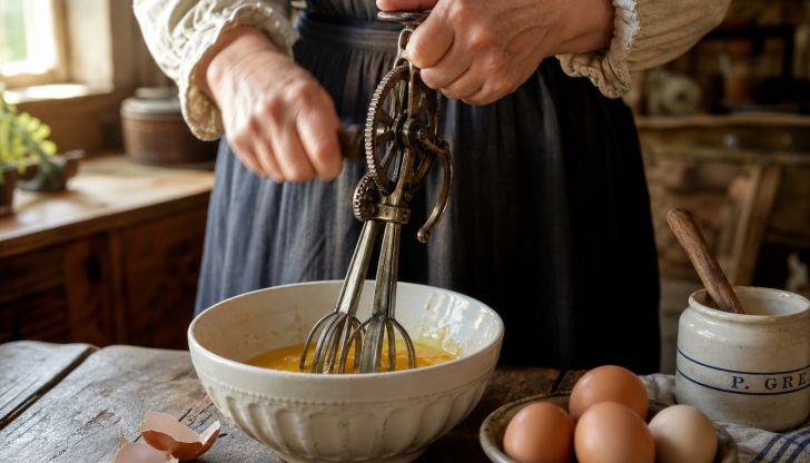 What hand-cranked kitchen tool was essential for whipping cream or beating eggs before electric hand-mixers?