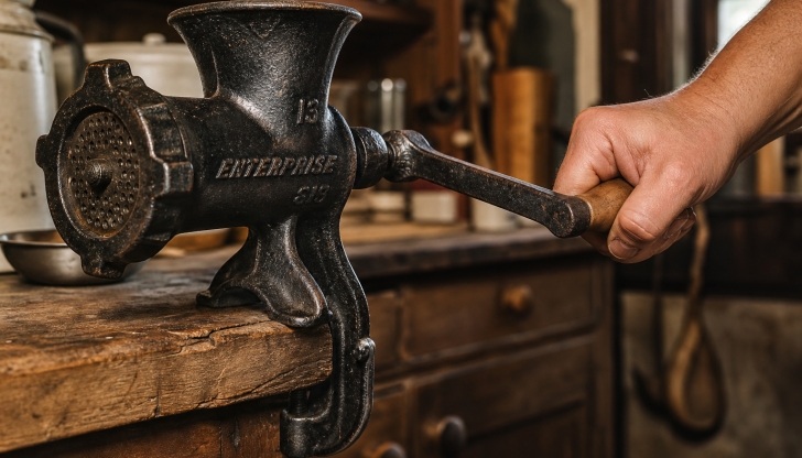 What heavy metal crank tool clamps onto the kitchen table to process beef, pork, or vegetables?