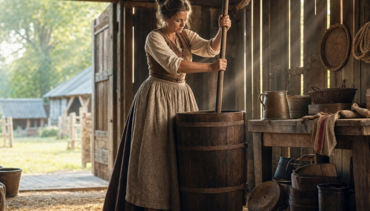 What historic wooden device uses a plunger or paddle to turn rich cream into solid butter?