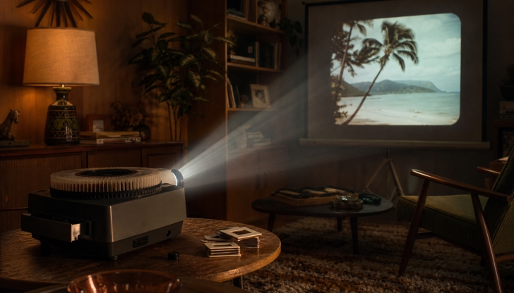What optical machine carousel projected photographic slides onto a living room screen for family slideshows?