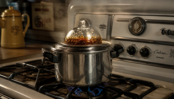 What classic metallic stovetop pot brews coffee by continually cycling boiling water through the grounds?