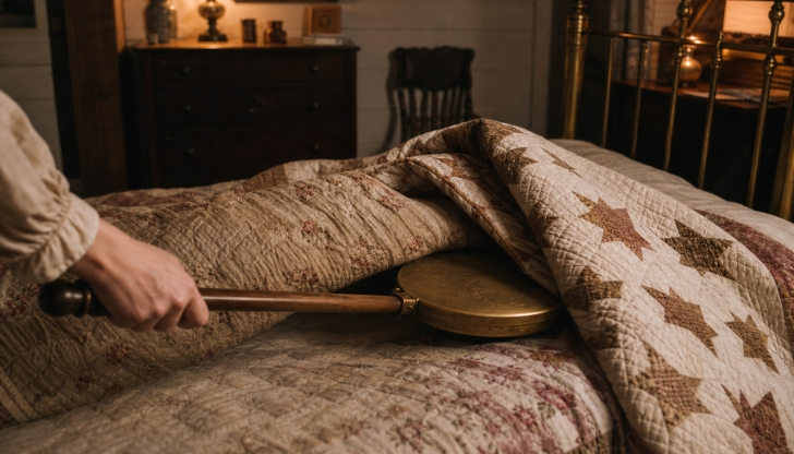 What long-handled brass pan was filled with hot coals and slipped between bedsheets to warm the bed?