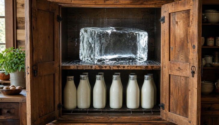 Before electric refrigerators, what heavy wooden cabinet used blocks of ice to keep food cold?