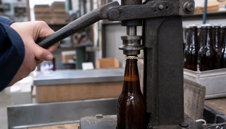 What heavy manual press was bolted to a table to crimp metal caps onto glass soda or beer bottles?