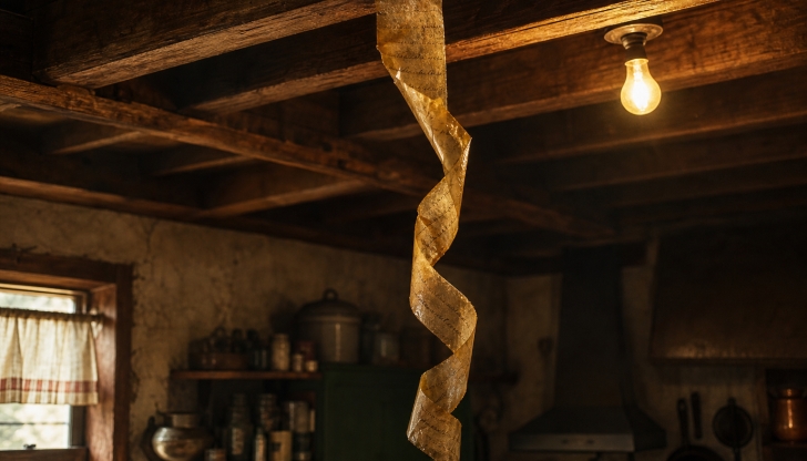 What sticky, ribbon-like roll was hung from the ceiling to trap flies and other pests in the kitchen?