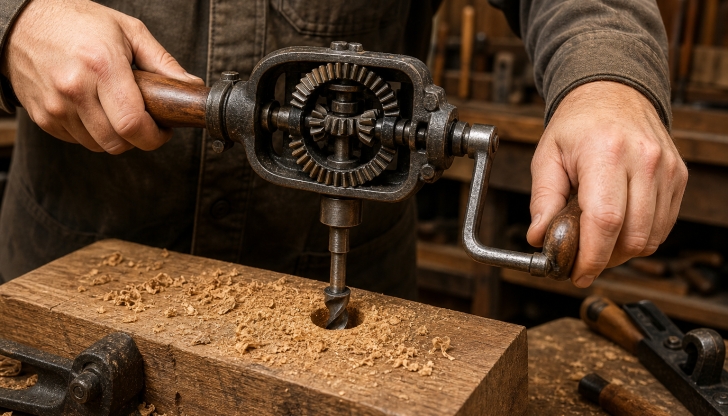 What manual eggbeater-style tool with gears and a crank handle was used to drill holes in wood or metal?