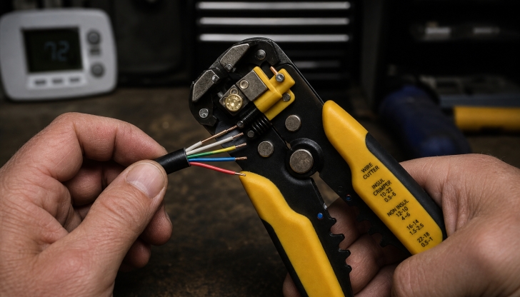 What specialty hand tool provides clean cuts when installing delicate smart thermostat wires?