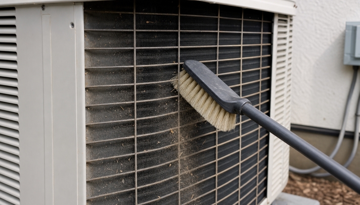 What tool sweeps away thick dried leaves and hair off your outer AC coils without bent metal?