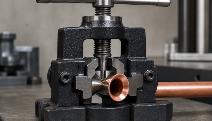 Which tool expands a copper pipe edge into a cone shape to fit brass compression joints?
