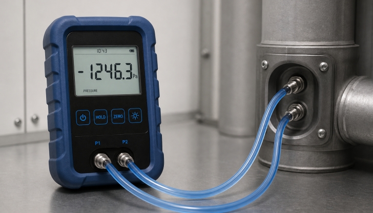 What digital meter tests static pressure in duct joints or gas pressure at furnace valves?