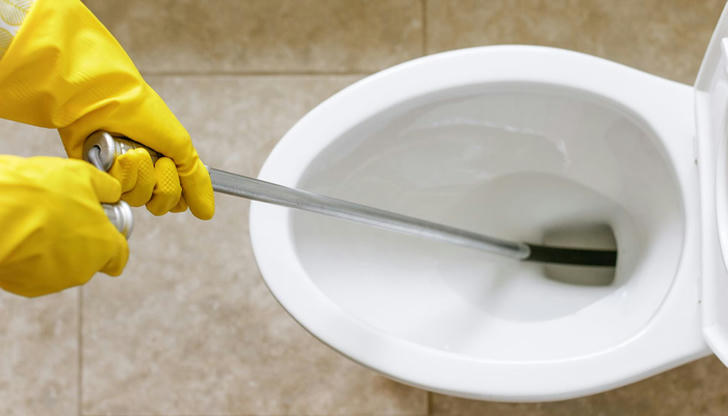 Which tool unclogs toilets with a coiled wire?