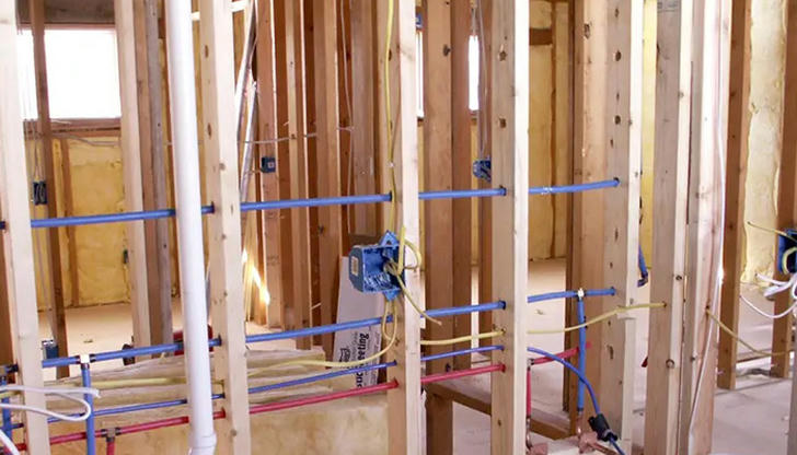 In plumbing, what does the "rough-in" stage mean?