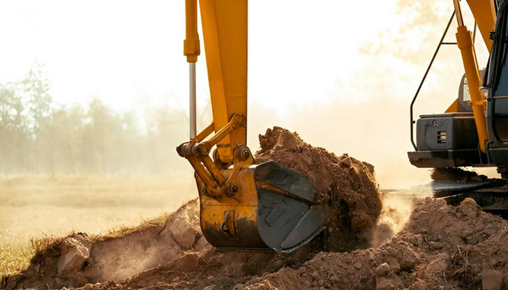 Which machine digs trenches and moves soil using a long arm?