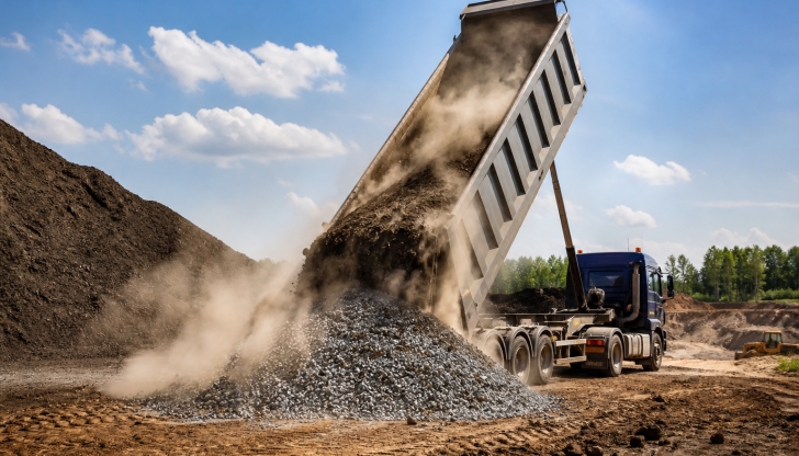 Which vehicle is constructed with an open-box bed at the rear, hinged for tilting to deposit heavy loads of sand, gravel, or demolition waste?