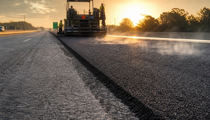Which machine distributes, shapes, and partially compacts asphalt concrete on roads, parking lots, and bridges?