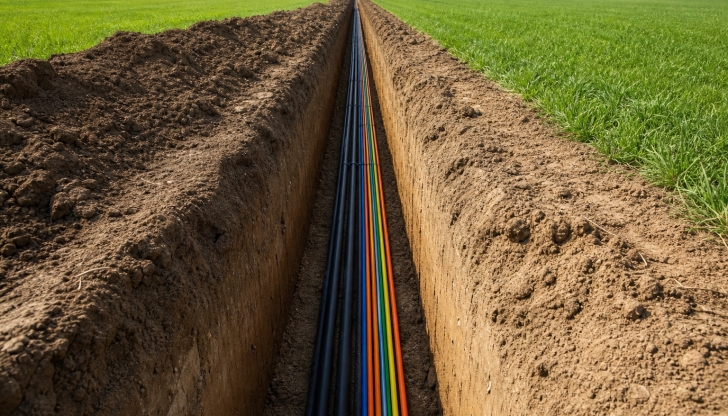 What specialized tool or vehicle uses a heavy, metal chain or wheel to excavate narrow, deep channels for laying pipes or underground cables?