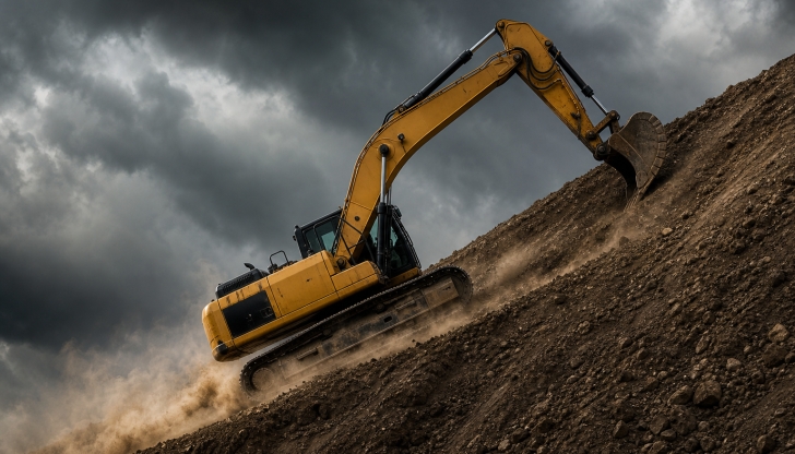 When tramming a crawler excavator up a steep slope, how should the bucket be positioned?