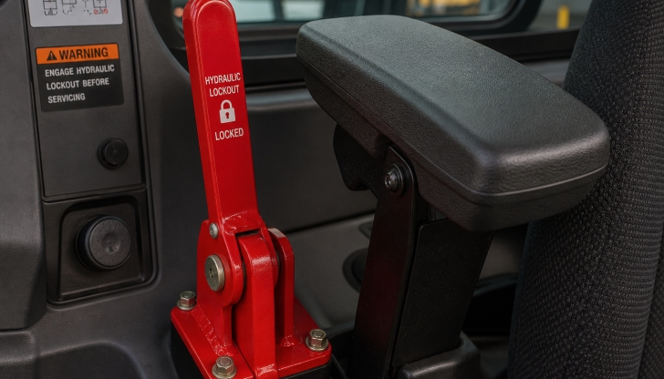 What occurs inside the machine when you raise the red safety lockout lever?