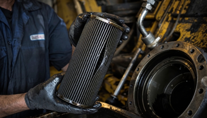 If the return-line hydraulic filter becomes severely clogged, what is the most likely symptom?