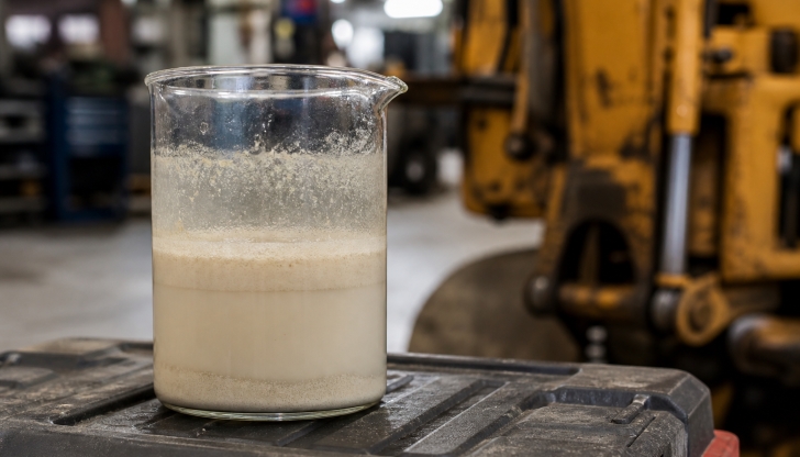 What is indicated if the hydraulic oil appears cloudy and milky-white during daily walkaround?
