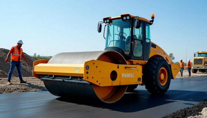 A roller with vibrating drums pressed to the ground is doing what?