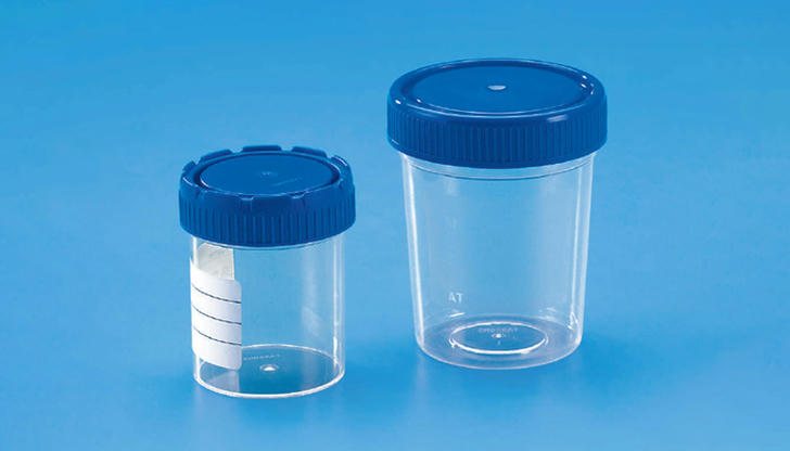 Which disposable container is used to safely collect laboratory samples such as urine or stool?