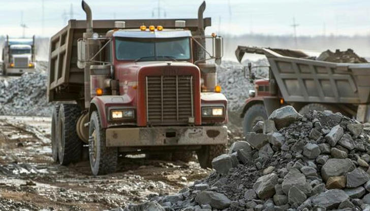 What task is a dump truck most often doing near piles of soil or gravel?