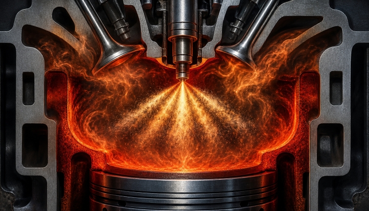 How is fuel ignited inside a heavy-duty commercial truck engine?