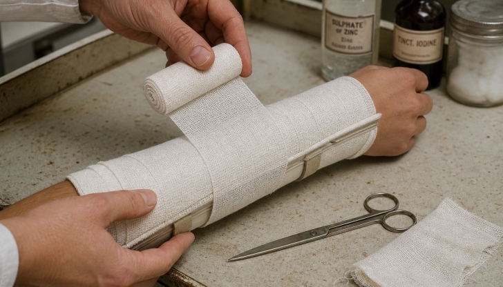 What woven, highly absorbent white cotton fabric is designed to wrap around larger wounds to secure primary dressings?