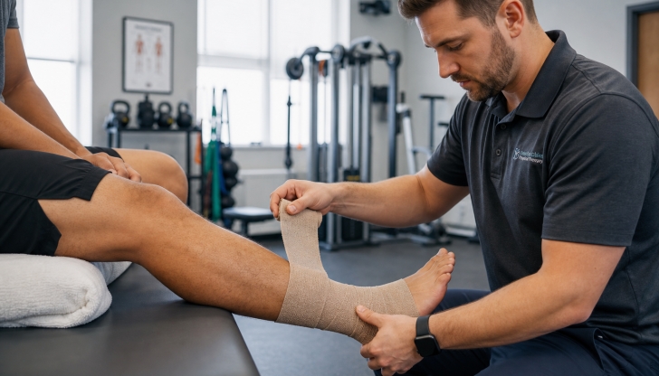 What stretchable, tan-colored compression wrap is famous for treating sprained ankles and holding ice packs in place?