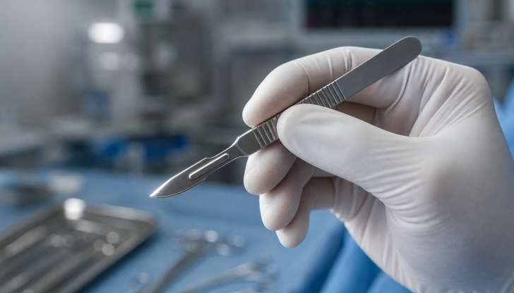 What small, extremely sharp, sterile blade on a slender handle is used for making surgical incisions?