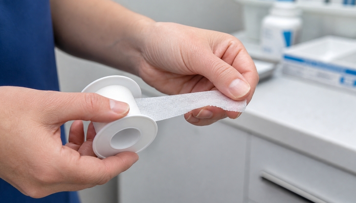 What breathable white material tape is designed to secure bandages and IV lines to sensitive skin?