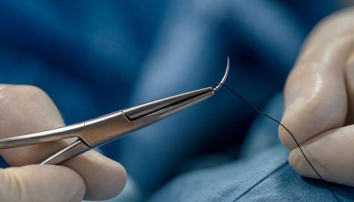 What sterile, needle-attached thread is used to sew the separated edges of deep cuts back together?