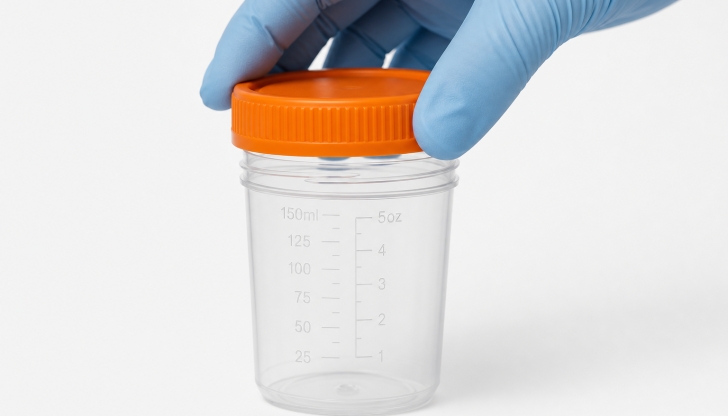 What small plastic container with a colored screw-cap is used to collect urine or fluids for laboratory analysis?