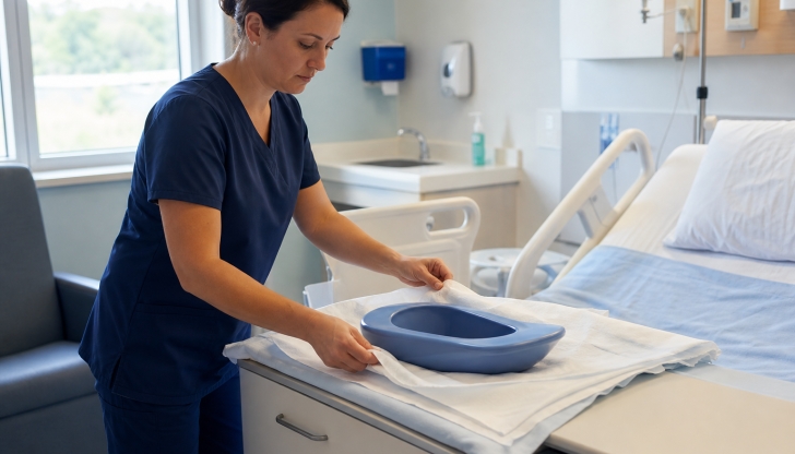 What contoured plastic or metal receptacle is slid under bedridden patients for bladder or bowel elimination?
