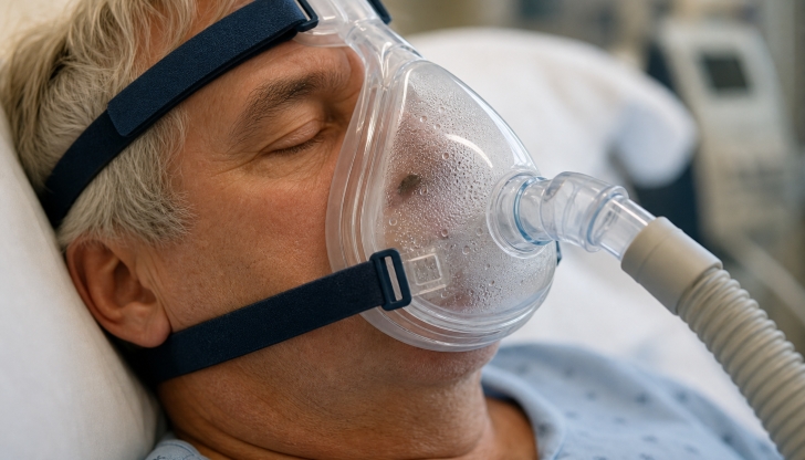 What clear plastic cup-like device wraps around the nose and mouth connected to supply hoses to deliver concentrated oxygen?