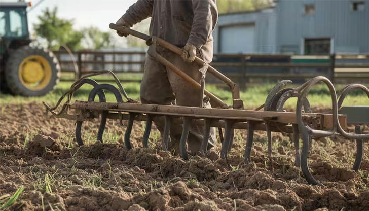 Which tool is used to break up soil after plowing?