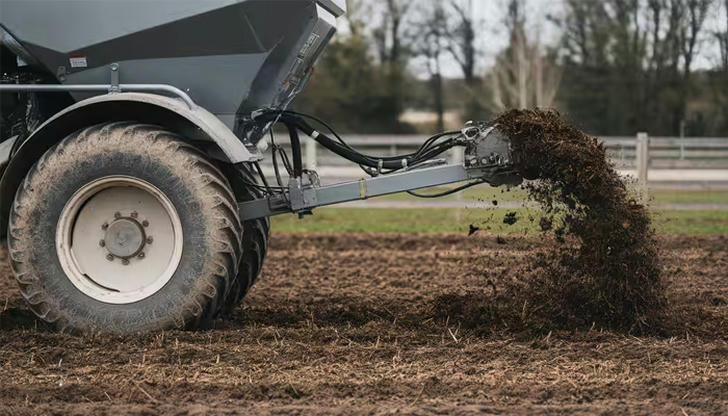 What does a manure spreader distribute on fields?
