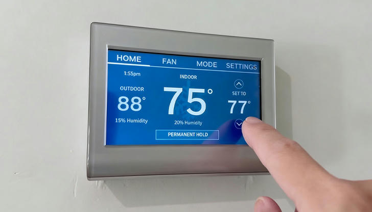 This thermostat allows preset temperature schedules.