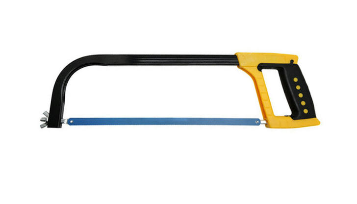 Which tool has a thin blade stretched across a metal frame?