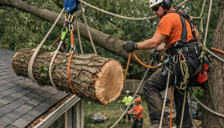 Why do professionals often use ropes when removing trees?