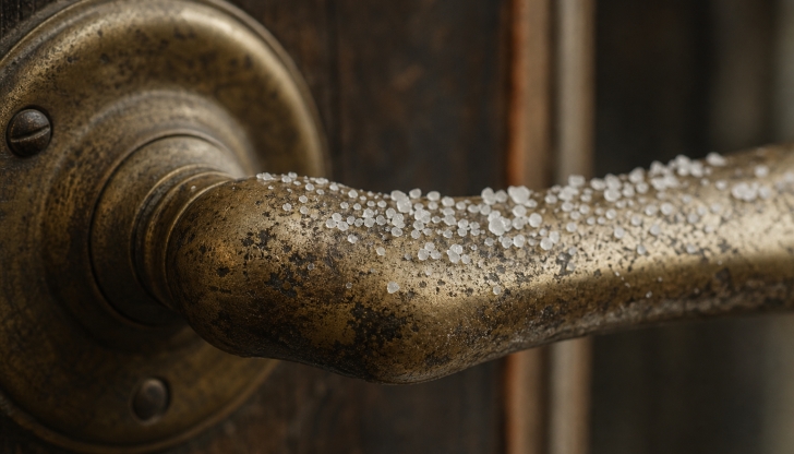 Which pantry staple acts as a gentle, safe abrasive for cleaning tarnished brass door handles?