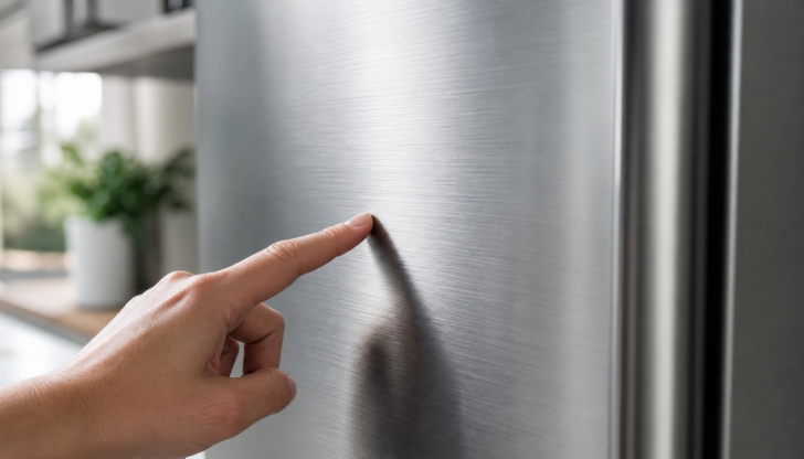 When polishing a stainless steel refrigerator, why must you identify the natural metal "grain"?