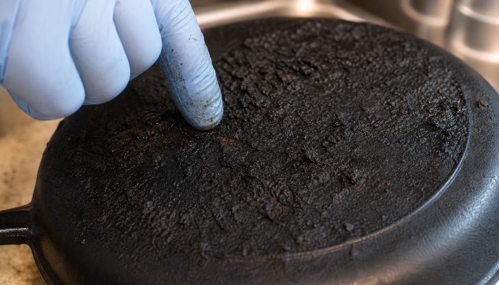 What is the safest way to clean stuck-on food from a seasoned cast iron skillet without stripping its coating?