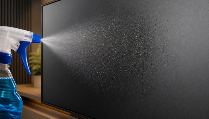 Why is using standard blue glass cleaners (like Windex) on flat TV screens a costly mistake?