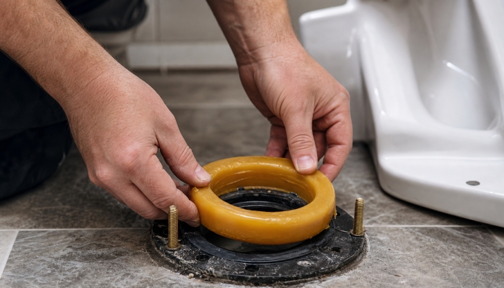 What sticky, gooey ring goes beneath a toilet base to seal out both leaking water and sewer gases?