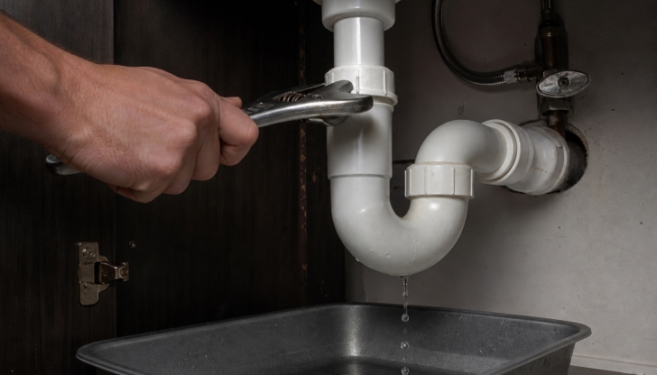 What curved pipe under your kitchen sink holds a small reservoir of clean water to block sewer gases from leaking up?