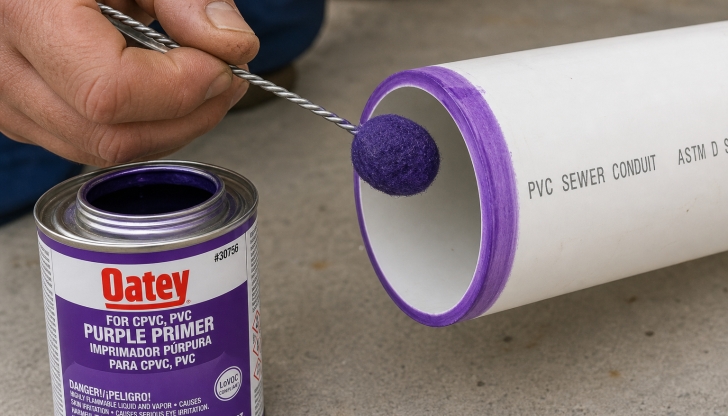Why must you brush bright purple colored primer onto plastic PVC pipe joints before applying PVC glue?